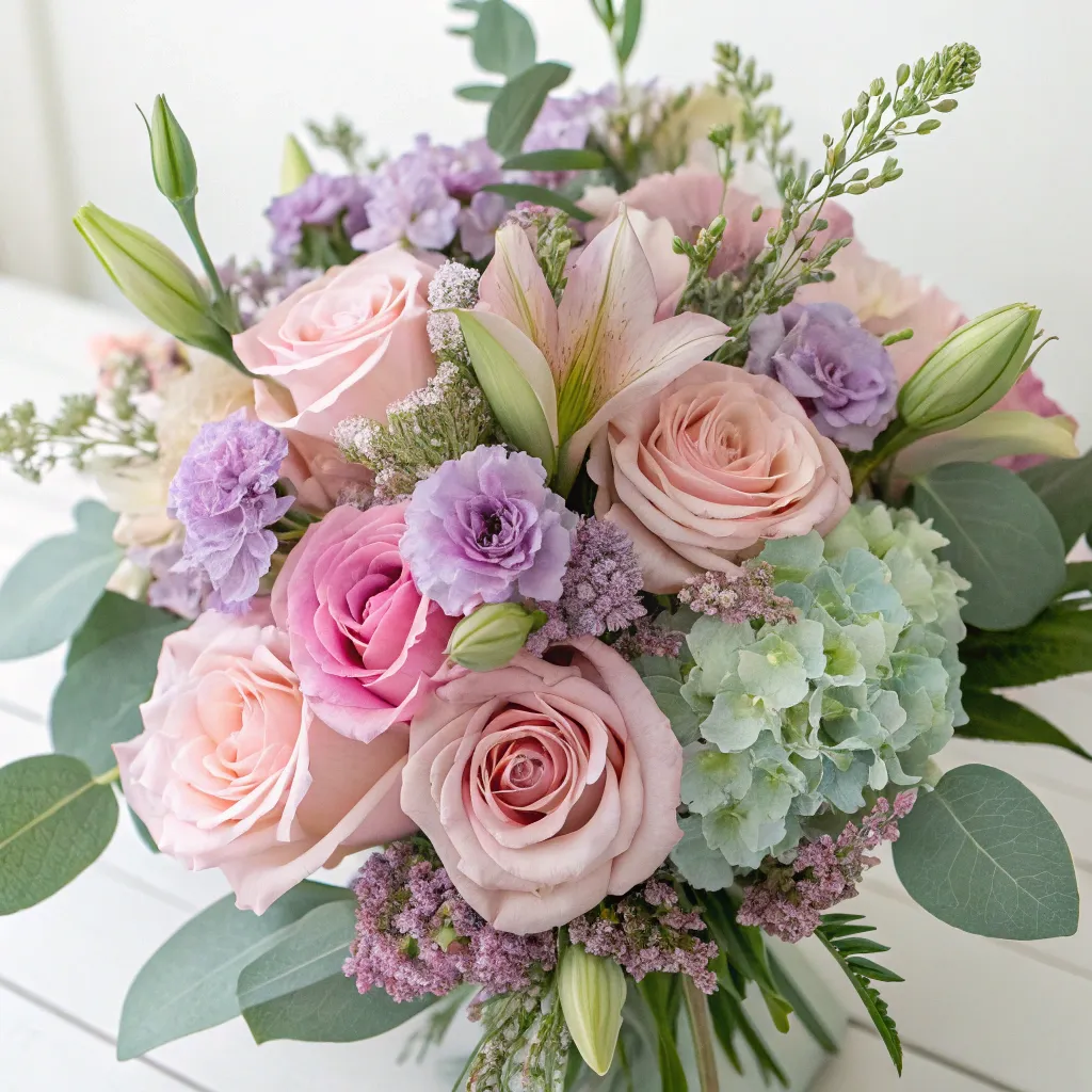 A pastel colored floral arrangement